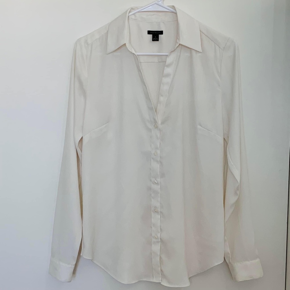 Ann Taylor Ivory Silk Button Down Blouse Women Small Cream